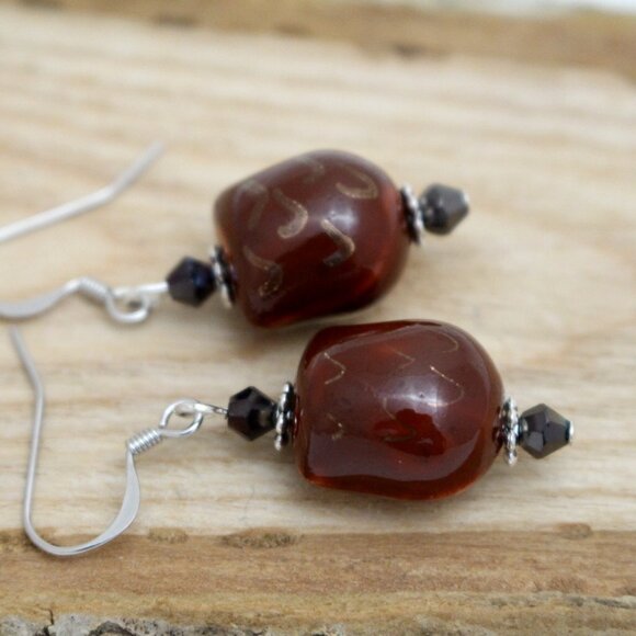 Brown Hand-painted Porcelain Owl Beaded Earrings - Hypoallergenic - Picture 3 of 8